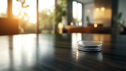 Poster - Two shiny silver coins elegantly stacked on a dark wooden table in a well-lit modern home interior showcasing contemporary design and decor elements.
