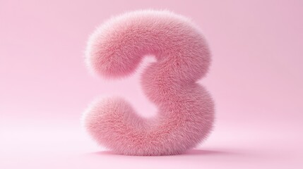 Poster - Cute Fluffy Number Three on a Soft Pink Background Ideal for Creative Projects, Children's Themes, and Fun Illustrations in Modern Design Concepts