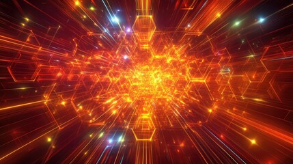 Fototapete - Abstract representation of vibrant energy bursts with hexagonal shapes and radiant light trails creating a stunning background for creative projects and digital designs.