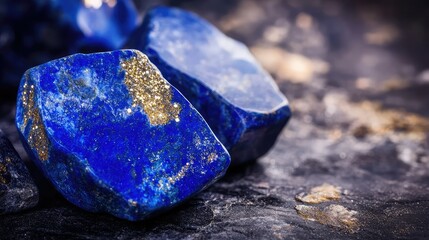 Poster - Vibrant Blue Lapis Lazuli Stones with Stunning Gold Flecks on a Dark Surface, Highlighting Natural Beauty and Unique Textures for Jewelry or Home Decor