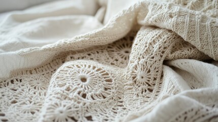 Poster - Cozy Cream Crochet Blanket Featuring Intricate Patterns and Soft Textures Perfect for Home Decoration and Warmth in Any Living Space or Bedroom Setting