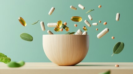 Aufkleber - light wood bowl on a light surface with levitating capsules and golden spheres against a soft teal b