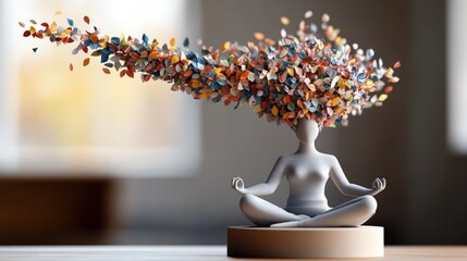 Poster - Serene gray statuette meditating in lotus position with vibrant swirling explosion of multicolored leaves adorning its head creating a peaceful scene