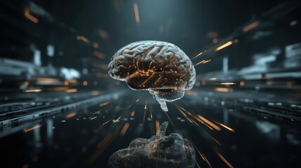 Poster - Futuristic representation of a brain, highlighting neural connections and digital data flow in a technological environment.