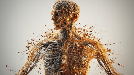 Aufkleber - Abstract digital rende of interconnected metallic and glowing orange strands forming a complex human silhouette symbolizing energy and systems networks