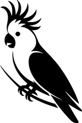 black and white vector illustration of a wild bird parrot with feathers on a tree branch