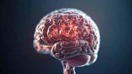 Aufkleber - Detailed 3D rende of a human brain highlighting neural pathways with glowing red energy on a dark blue background for scientific and artistic use
