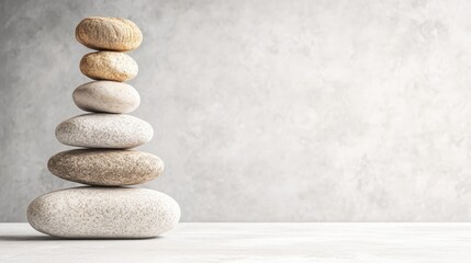 Poster - A Harmonious Stack of Five Smooth, Varying-Toned Beige and White Stones Resting on a Light Grey Surface with Textured Grey Background Surrounding Them