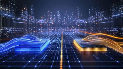 Poster - A futuristic representation of technology, featuring glowing circuit boards and hand-like structures interacting in a digital landscape.