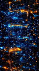 Poster - A vibrant digital abstract image featuring a matrix of interconnected glowing lines and dots in blue and orange against a dark background.