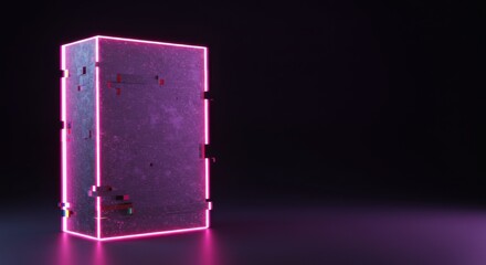 Poster - Glowing Pink Neon Cube Abstract Digital Art  Mysterious Futuristic 3D Render