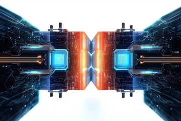 Fototapete - A futuristic digital design featuring mirrored circuit patterns and vibrant colors, representing technology and innovation.