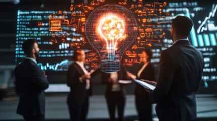 Poster - Business professionals in modern office with glowing lightbulb graphic projection surrounded by data visualizations showcasing innovative ideas and teamwork