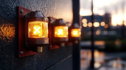Poster - Three vintage amber industrial lamps with X markings illuminated on a dark wall against a blurred cityscape backdrop at sunset in a warm ambiance
