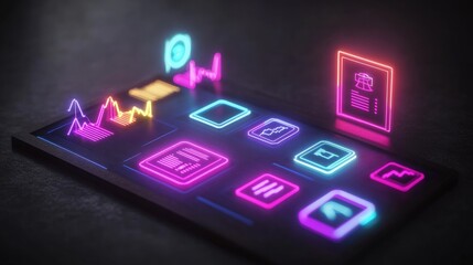 Poster - Neon App Icons and Data Visualizations Above a Dark Smartphone Illustrating the Evolution of Mobile Technology and Data Analysis in Modern Life