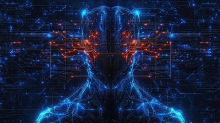 Poster - A futuristic, circuit-like representation of a human figure surrounded by electric-blue and orange patterns, symbolizing technology and artificial intelligence.