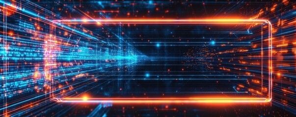 Fototapete - A vibrant digital design featuring blue and orange light trails, creating a sense of speed and technology in a futuristic setting.