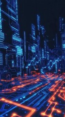 Poster - A futuristic cityscape featuring glowing circuit patterns and vibrant neon colors, showcasing a digital and technological environment.