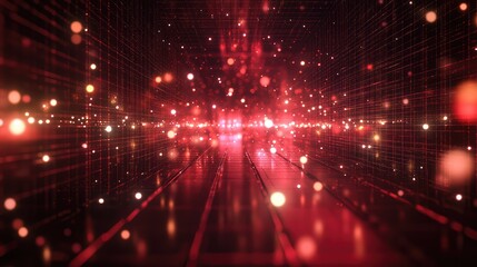 Fototapete - Abstract futuristic background featuring glowing particles and beams of light in a digital tunnel, creating a mesmerizing illusion of depth and movement in vibrant red hues.