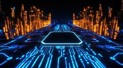 Fototapete - A futuristic digital landscape featuring a circuit board with glowing lines and structures, evoking a high-tech atmosphere.