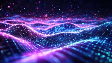 Fototapete - Abstract digital landscape with vibrant neon waves and shimmering particles in a mesmerizing cosmic background representing connectivity and technology.