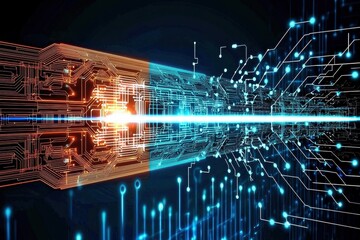 Fototapete - A futuristic digital landscape depicting glowing circuit patterns and beams of light, symbolizing technology and innovation.