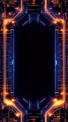 Fototapete - A futuristic digital circuit design featuring vibrant blue and orange lines, creating a striking border around a dark central space.