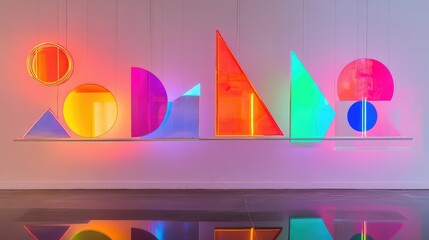 Poster - Bright and Colorful Geometric Shapes Displayed on Wall with Neon Lights and Reflections in Modern Art Gallery Setting