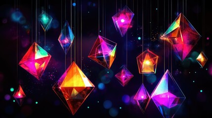 Poster - Colorful Geometric Gems Hanging in Air with Sparkling Lights and a Dreamy Background Creating a Fantasy Atmosphere for Creative Projects or Designs