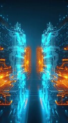Poster - A futuristic digital landscape featuring glowing blue and orange circuitry, creating a vibrant, high-tech atmosphere.
