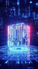 Fototapete - A vibrant, futuristic digital scene featuring glowing blue and red circuits and data patterns, creating an immersive technological atmosphere.