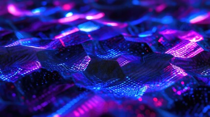  - Abstract close-up of a vibrant hexagonal patterned surface illuminated with colorful LED lights, showcasing a mix of purple, blue, and pink hues in a mesmerizing design.