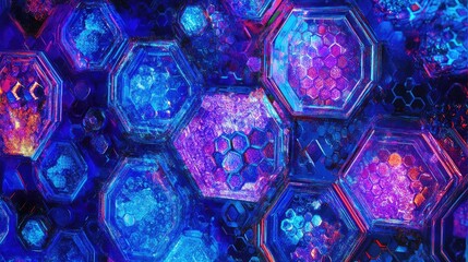 Poster - Colorful Abstract Pattern of Honeycomb Shapes with Glowing Lights, Visualizing Modern Art and Design Elements in Vibrant Blue, Purple, and Pink Hues