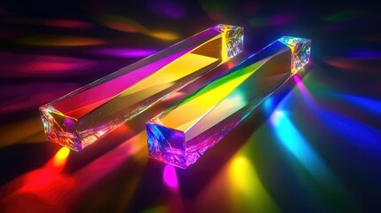 Poster - Colorful Light Refraction Through Transparent Prisms Creating Stunning Rainbow Patterns in a Dark Environment, Showcasing the Beauty of Light and Color Interplay