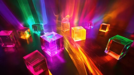  - Vivid Colorful Light Reflections on Transparent Cubes Creating an Abstract Art Installation with Vibrant Patterns and Ethereal Glow in a Dark Setting