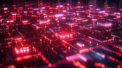  - Abstract digital background with glowing red lights and intricate network patterns representing technology, data flow, and modern computer graphics for futuristic themes