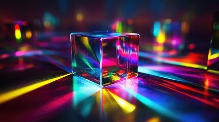 Poster - Vibrant Light Reflections and Colorful Patterns Created by Transparent Cube on Glossy Surface in Artistic Abstract Display