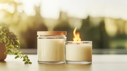 Poster - Two cylindrical glass jar candles, one flicke with flame and the other with a wooden lid, placed on a light surface near a potted plant background