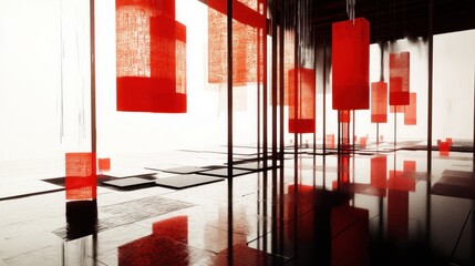 Poster - Intricate interior design, featuring red textile panels.