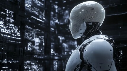 Fototapete - Ai robot connection: exploring futuristic technology and digital innovation with cybernetic humanoid on abstract background 