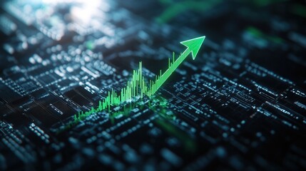 Poster - Vibrant green arrow signifying upward growth alongside a green line graph on a complex dark-toned circuit board representing technological progress