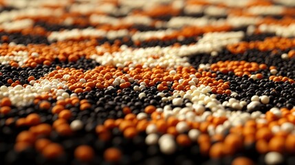 Poster - Close-up view of small round beads in black, off-white, and orange arranged in a swirling, intricate patterned design for decorative purposes and crafts