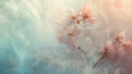 Poster - Delicate Cherry Blossom Blooms Floating Elegantly Amidst Ethereal Swirls of Soft Colorful Smoke, Creating a Dreamy and Serene Floral Atmosphere in Nature's Embrace