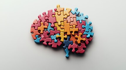 Poster - A colorful brain-shaped jigsaw puzzle composed of numerous multicolored pieces assembled on a clean and simple white background for creative concepts