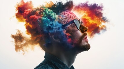 Poster - A stylized portrait of a man in profile with a vibrant cloud of multicolored smoke revealing a visible brain illustrating creativity and thoughtfulness