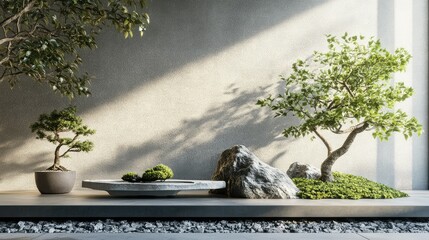 Poster - Serene Indoor Japanese Zen Garden with Bonsai Trees, Rocks, and Decorative Elements for Tranquil Spaces and Meditation Environments