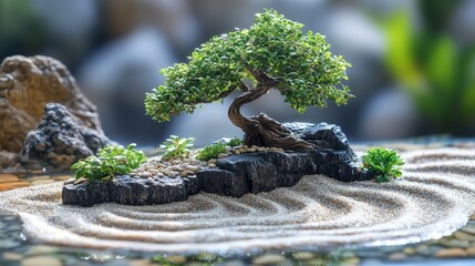 Poster - Serene Miniature Garden Scene with a Bonsai Tree and Decorative Stones Set in Tranquil Sand with Gentle Curves and Lush Greenery Highlighting Nature's Simple Beauty