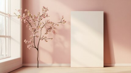 Poster - A Serene Indoor Space Featuring a Minimalist Blank Canvas, Cherry Blossom Branch, and Soft Pink Walls, Perfect for Artistic and Interior Design Inspirations