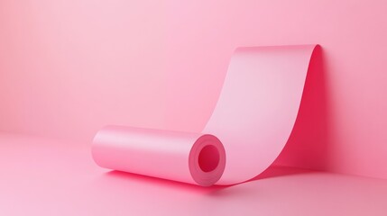Poster - Soft Pink Background with a Roll of Pink Paper Unrolling Gracefully, Perfect for Creative Designs, Photography, and Artistic Projects, Colorful Minimalist Aesthetic