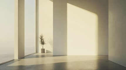 Poster - Serene Modern Interior Space with Natural Light Streaming Through Large Windows and a Potted Plant in a Minimalist Design Setting
